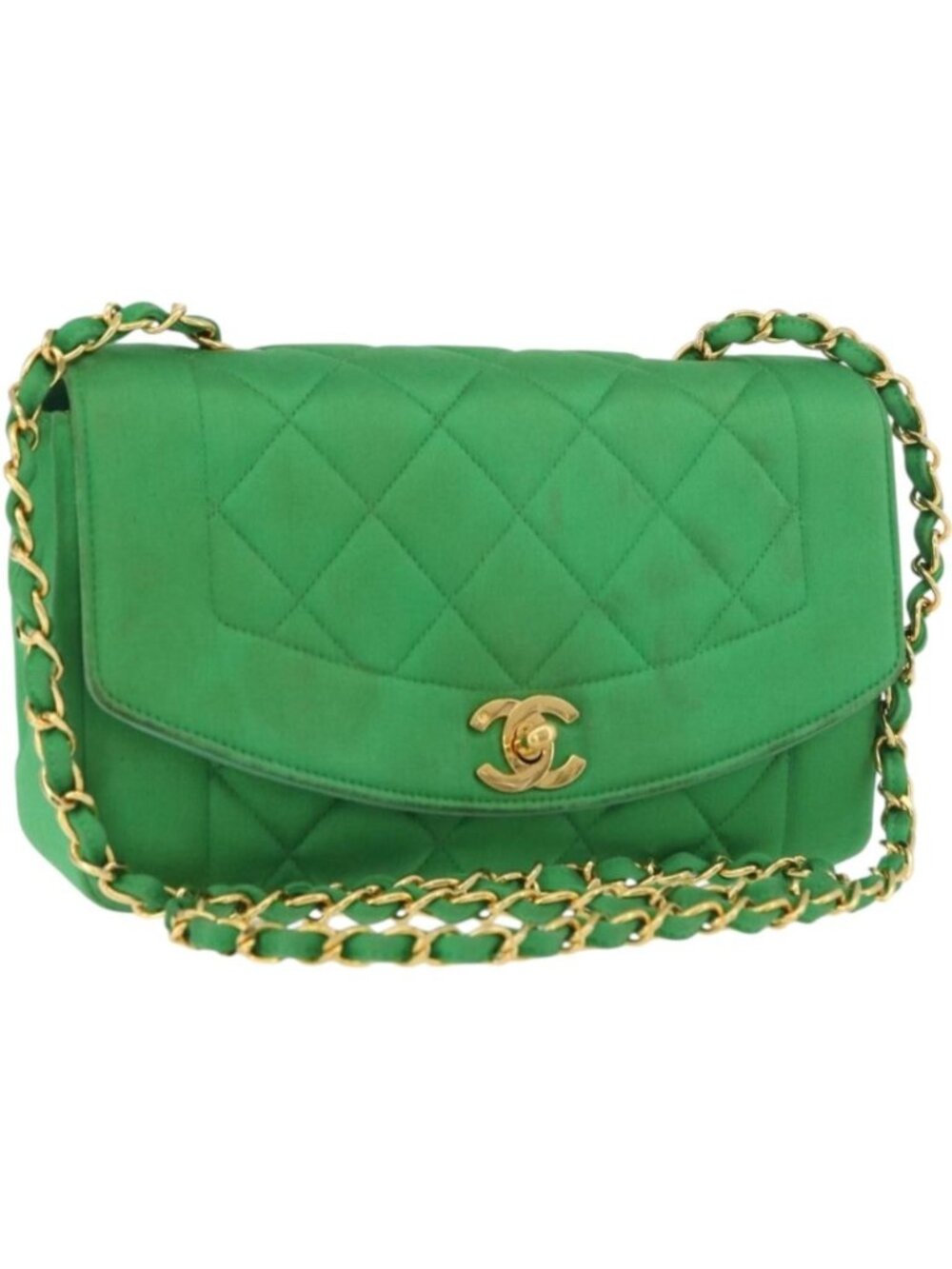 CHANEL Diana 23 Matelasse Chain Shoulder Bag Satin Green Gold CC